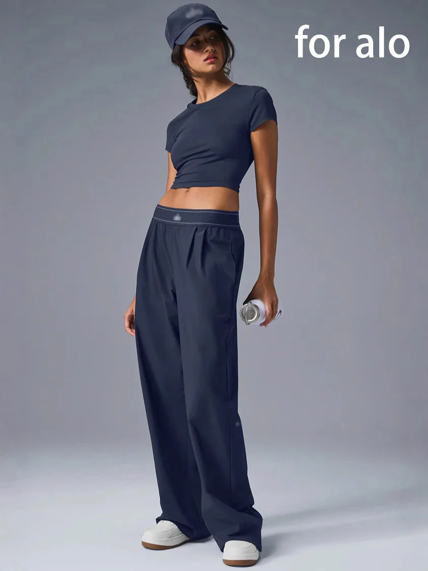 لـ aIo سراويل اليوغا الرياضية النسائية الجديدة واسعة الساق سريعة الجفاف بخصر مطاطي سراويل مستقيمة للياقة البدنية ملابس صيفية سوداء صلبة غير رسمية #1