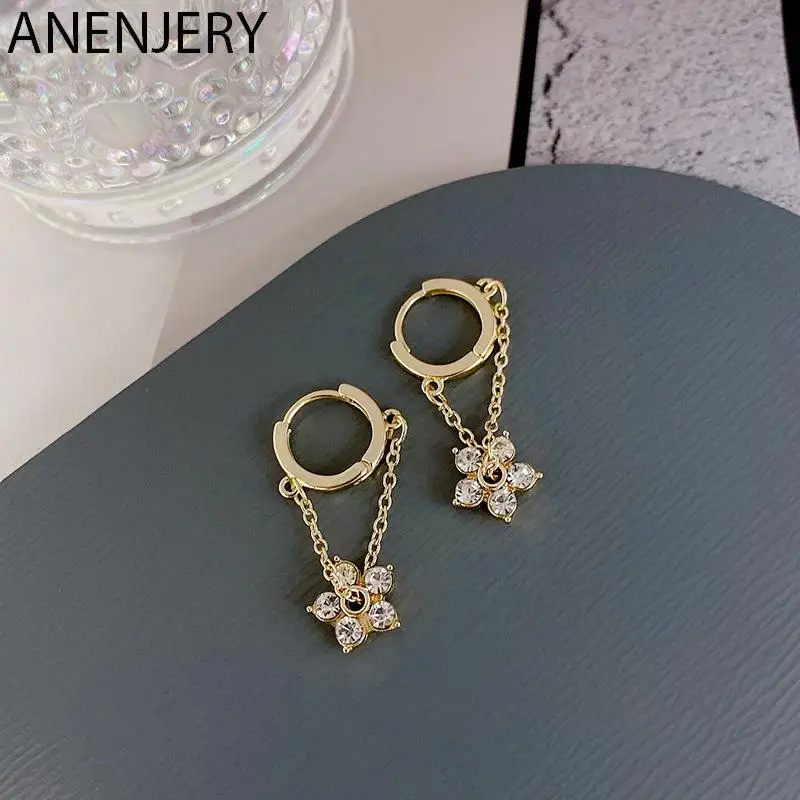 ANENJERY orecchini a cerchio con nappe a catena con fiore in zircone Color argento per le donne gioielli quotidiani fatti a mano delicati