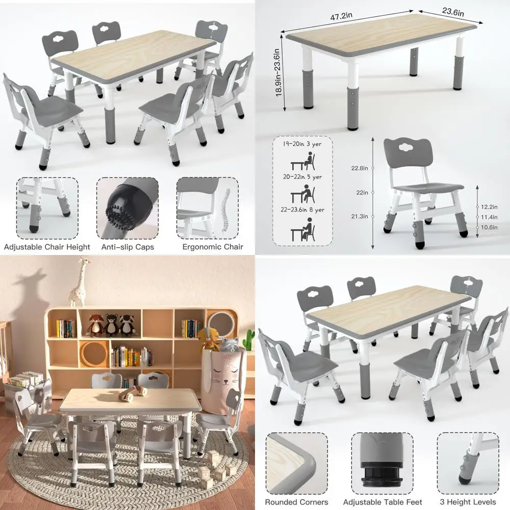 

Регулируемый по высоте детский стол и набор из 6 стульев, стол для занятий и активного отдыха для малышей с легкоочищаемой поверхностью 47,2x23,6 дюйма