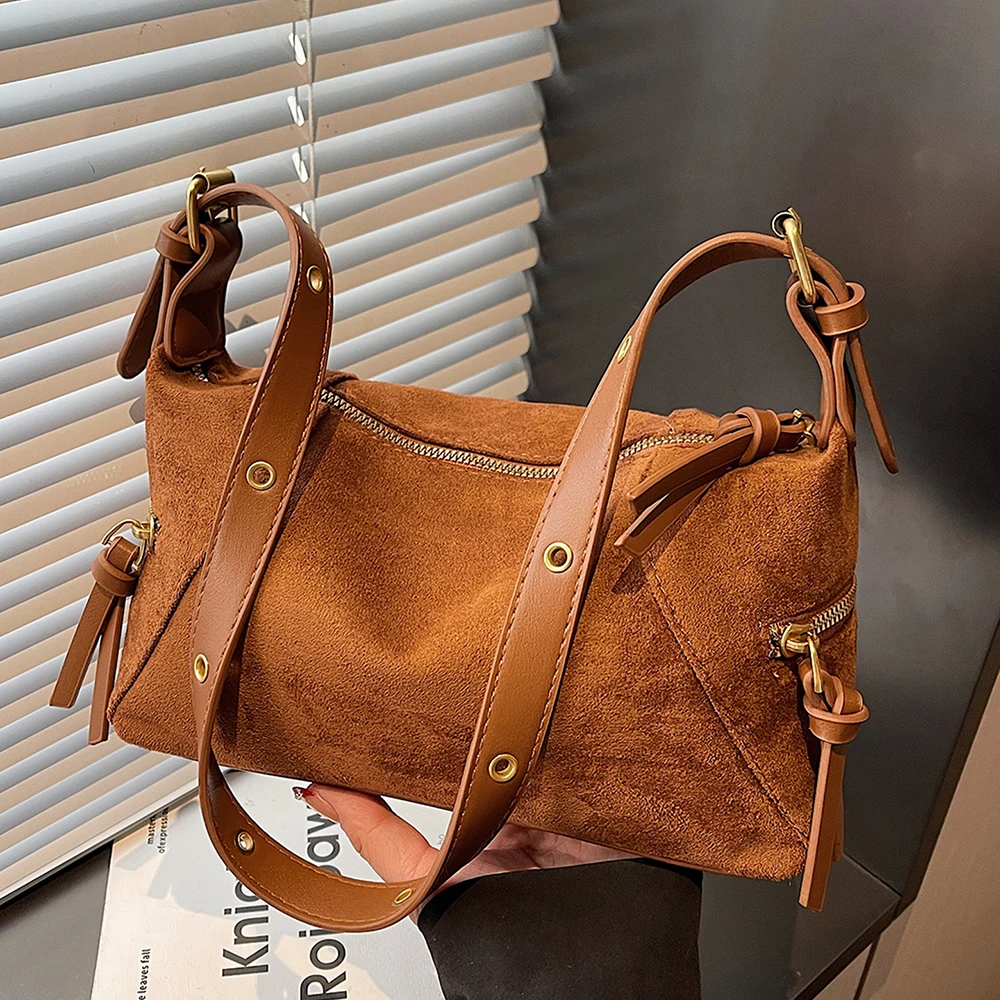 High Grade Suede Soft One Shoulder Bag Autumn Winter Vintage Solid Color Zipper Crossbody Bags Versatile Commute Armpit Packs