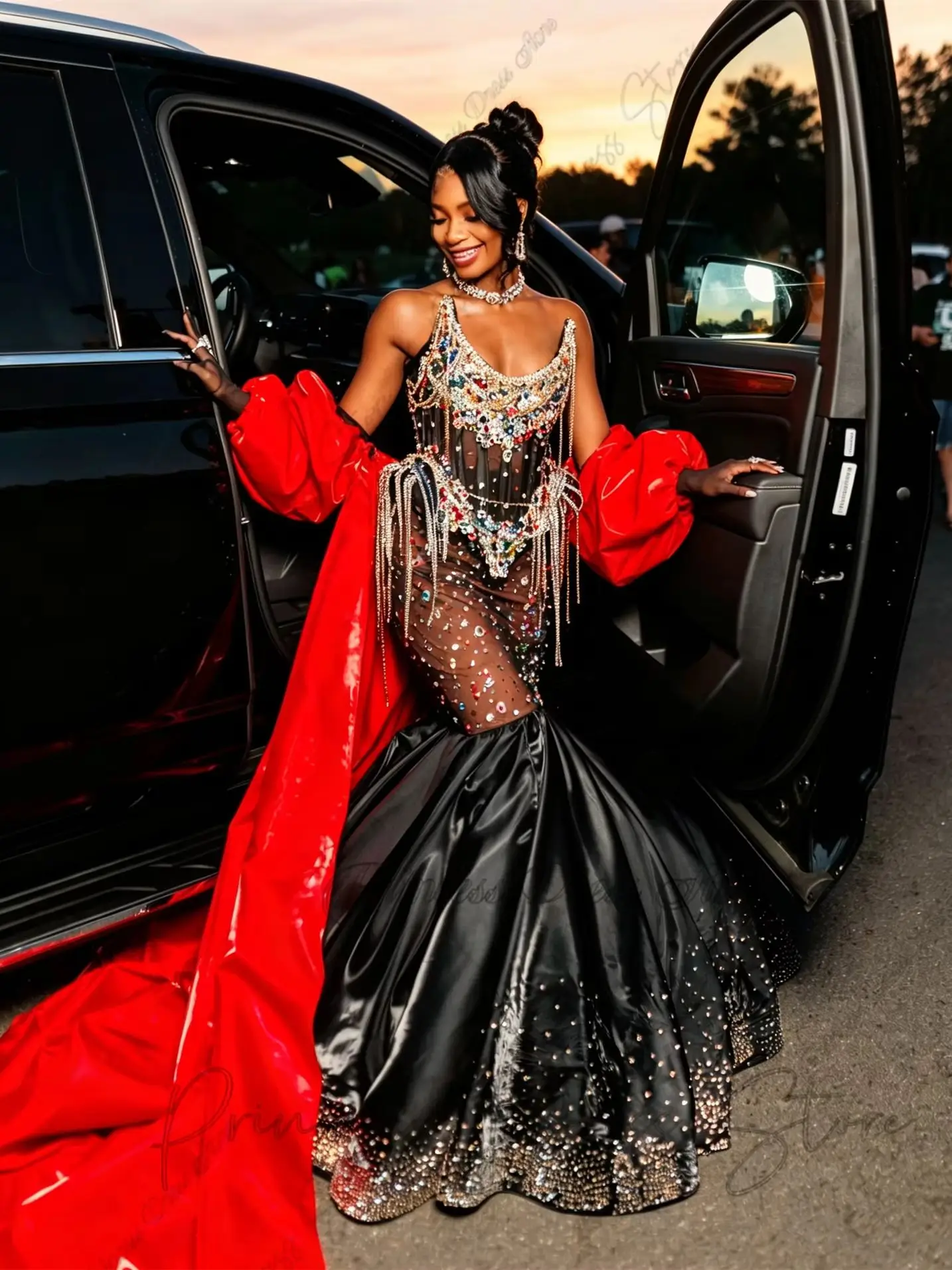 Luxury Latest design Prom Dresses With shawl Beading Black Girls Evening Dress  Sleeveless Birthday Party Gowns Customized