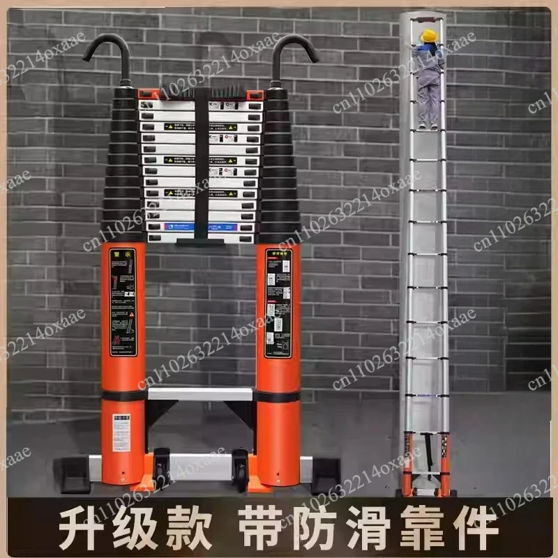 Portable Aluminum Telescopic Ladder 5-8M, Straight Design with Hook and Wheel for Engineering, Household, and Outdoor Work