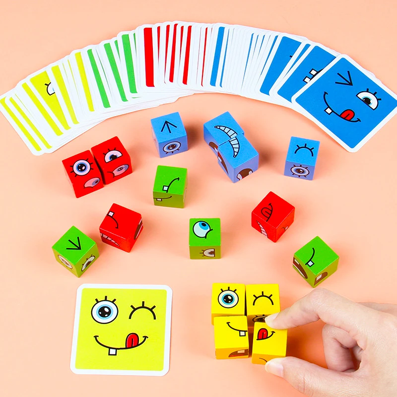 

Wood Puzzle Montessori Expression Wooden Blocks Blocks Cube Face Change Building Blocks Board Game for Children Kids Toys Gift