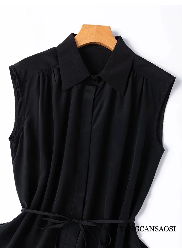 Simple Commuting 100%Natural Mulberry Silk Crepe De Chine Temperament Style Sleeveless Square Neck Black/White Solid Color Shirt