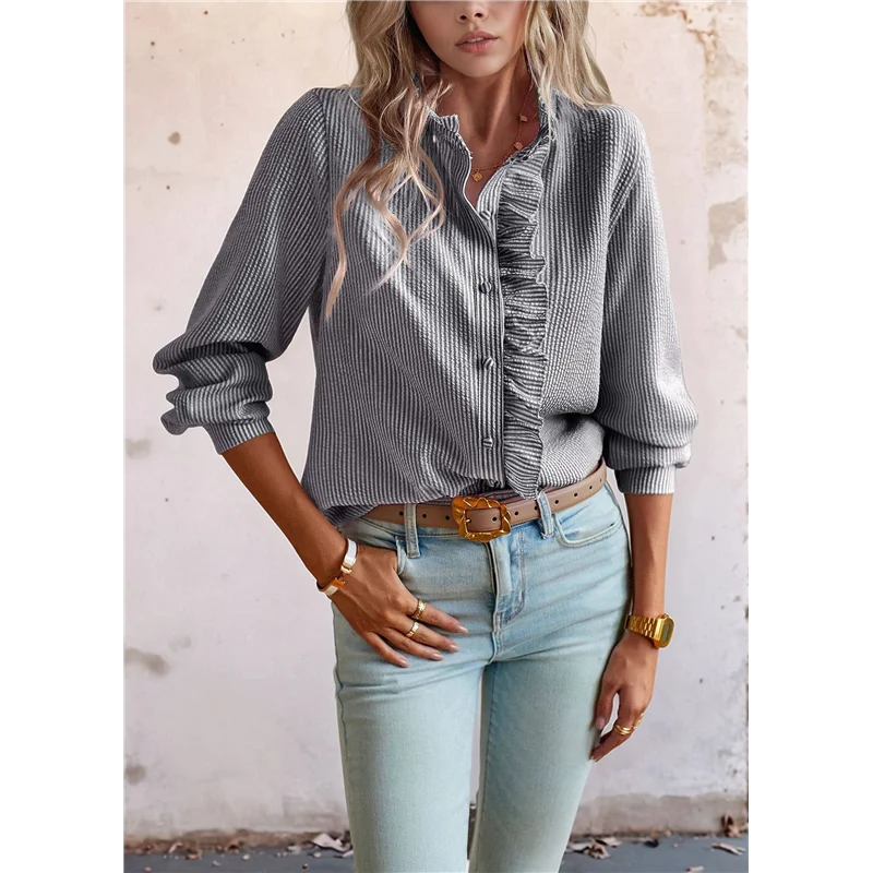 

Women's Striped Button Front Shirts Mock Neck Long Sleeve Office Blouse Tops-A55G