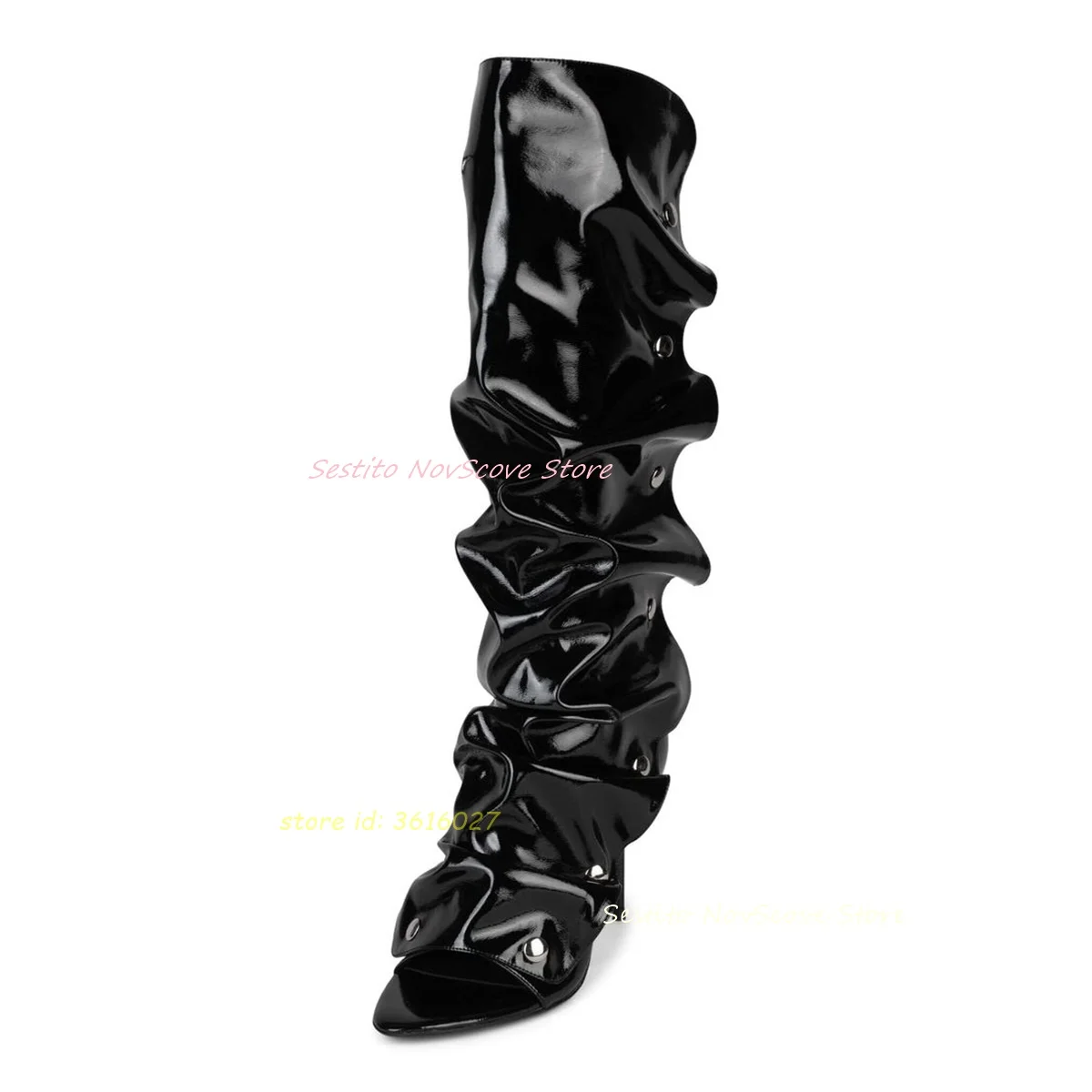 

Open Toe Black Fold Boots Patent Leather Stiletto High Heels Knee High Booties Sexy Women Hot Girl Dress Party Long Booties