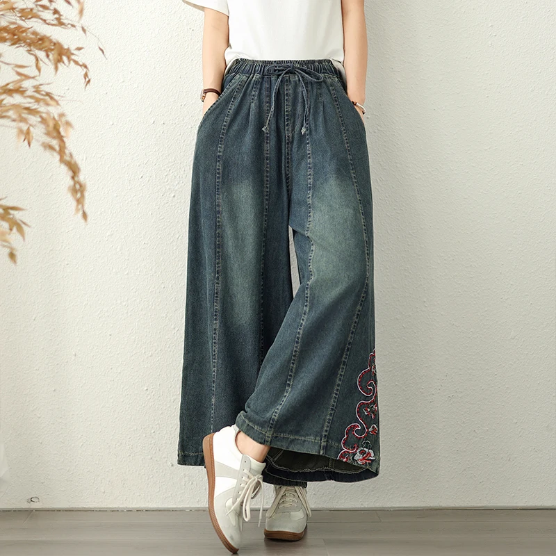 Celana Jeans Denim Wanita Model Kaki Lebar Bordir Musim Panas, Pinggang Elastis, Longgar, Efek Langsing, Vintage, Warna Pudar, Kasual, Panjang Sembilan Perempat