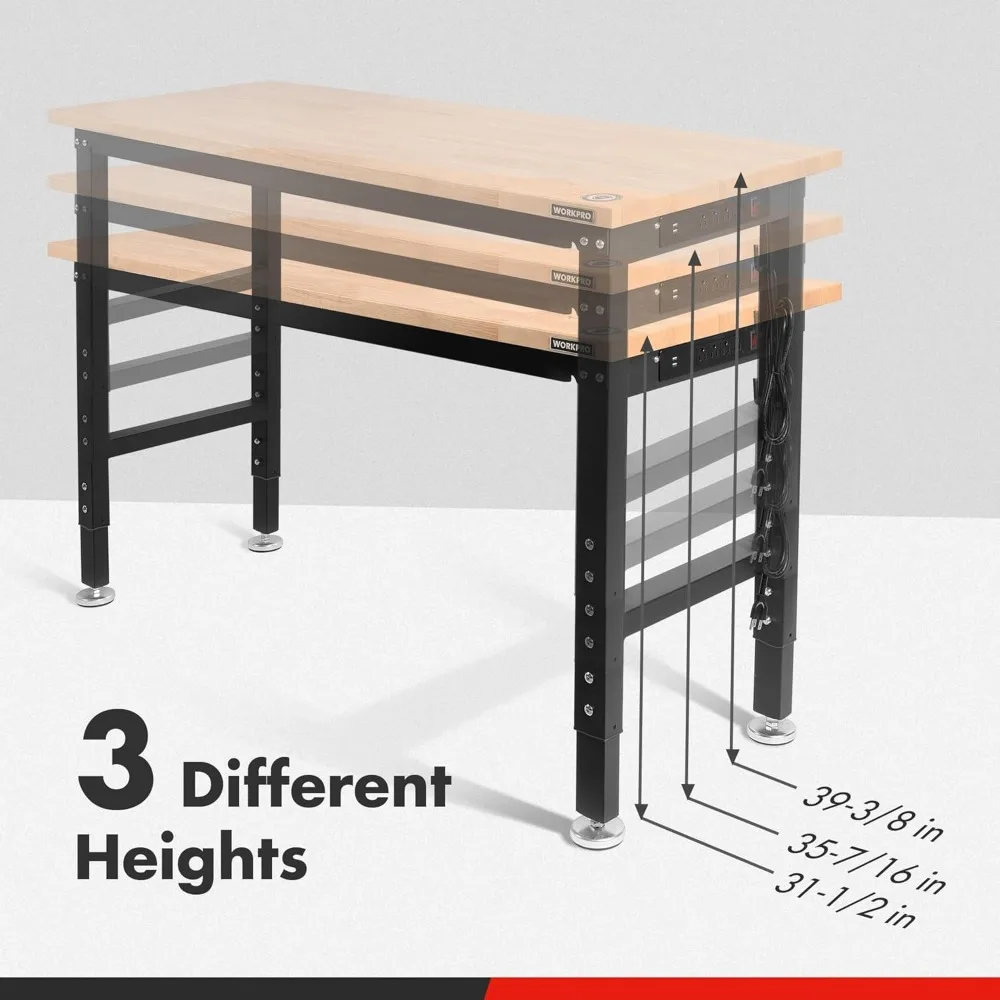 48" Adjustable Workbench, Rubber Wood Top Heavy-Duty Workstation, 2000 LBS Load Capacity Hardwood Worktable with Power O