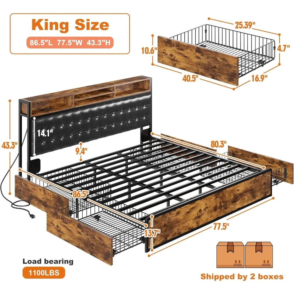 King Size Bed Frame with 4 Storage Drawers King Bed Frame and Headboard UpholsteredKing Size Bed Frame with Storage