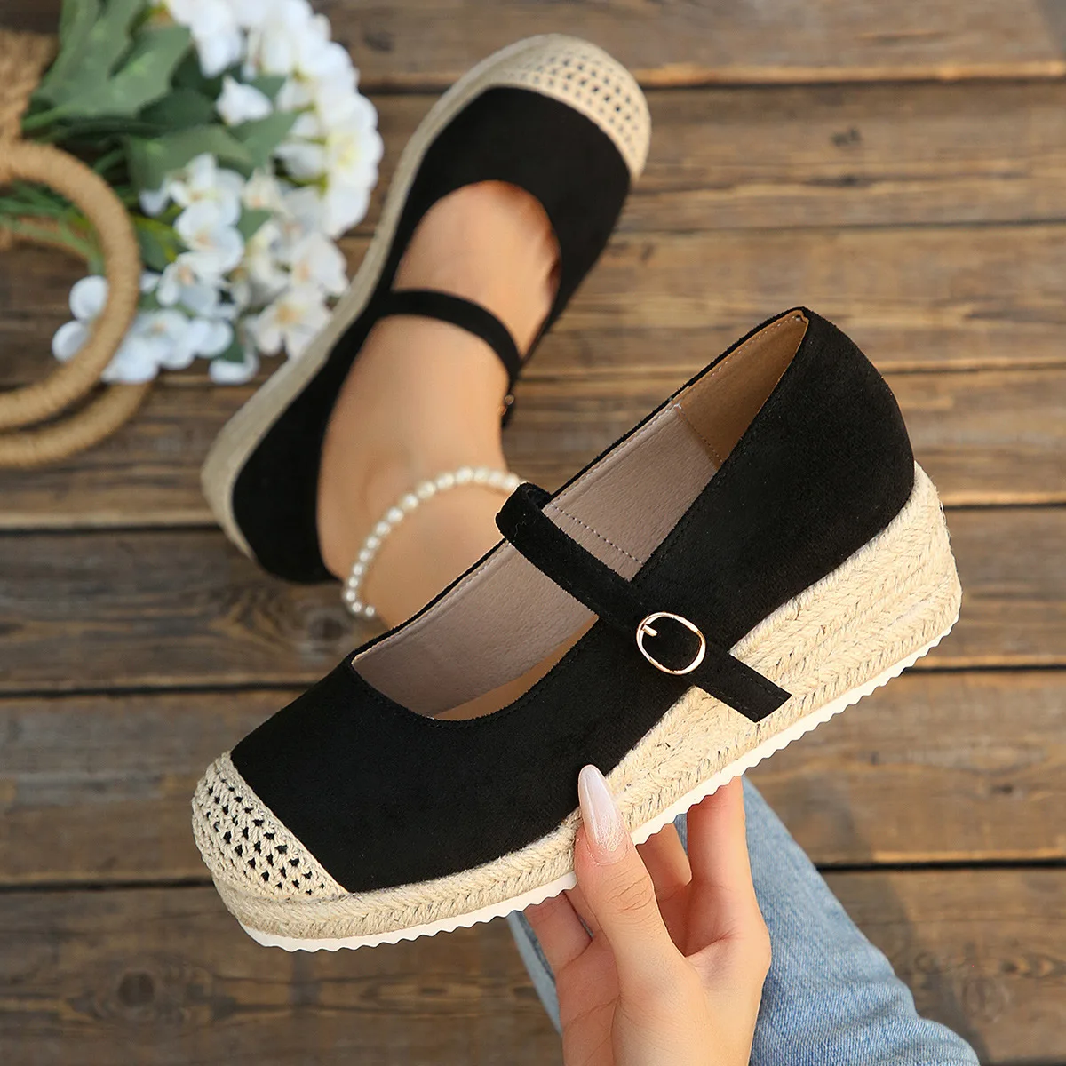 Overseas Color Block Shoes Women 2026 New Autumn Fashion Shallow Mouth Flats French Style Hemp Rope Platform Flats