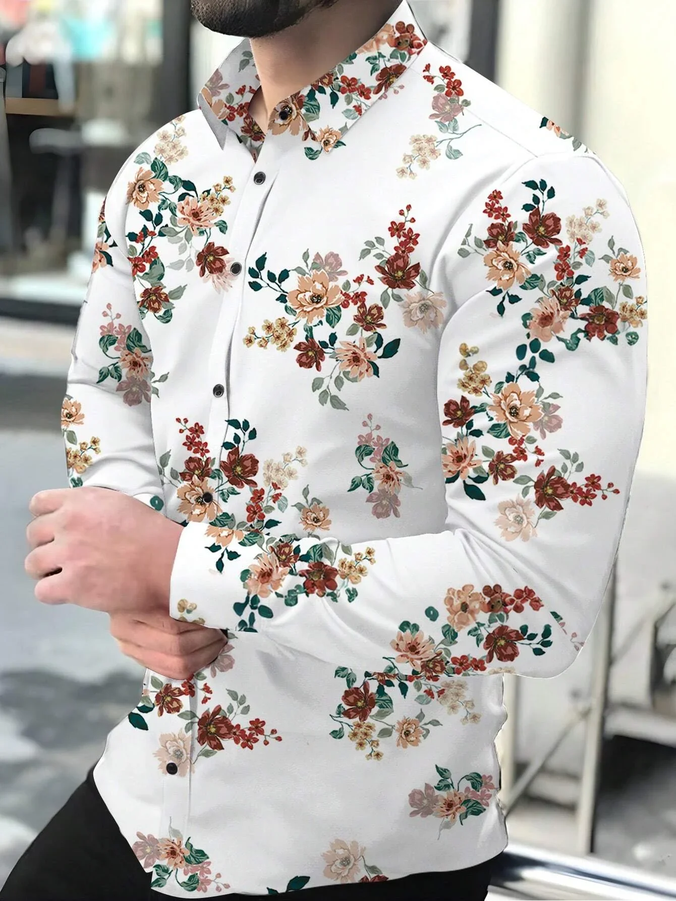 

Men's simple and fashionable plant flowers 3D printed long-sleeved lapel shirt Hawaiian beach casual style shirt business simple