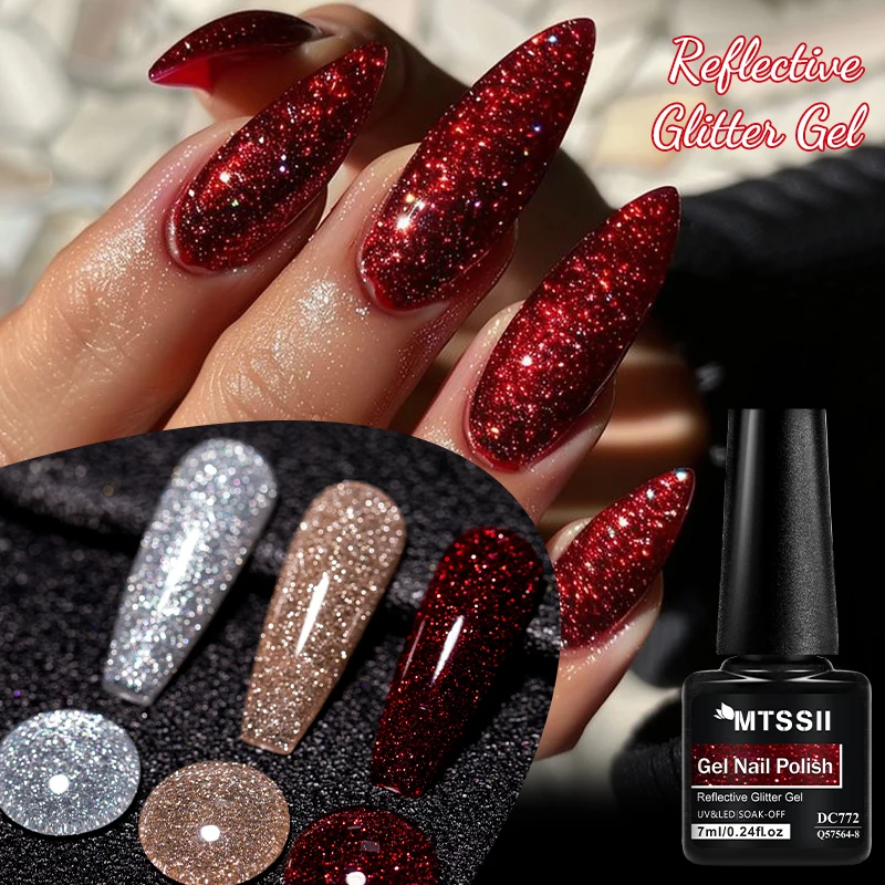 7ml Żelowy lakier do paznokci z efektem brokatu odblaskowego, czerwono-różowy, srebrny, błyszczący, półtrwały, utwardzany światłem UV/LED, żelowy lakier do manicure, artykuły do samodzielnego zdobienia paznokci