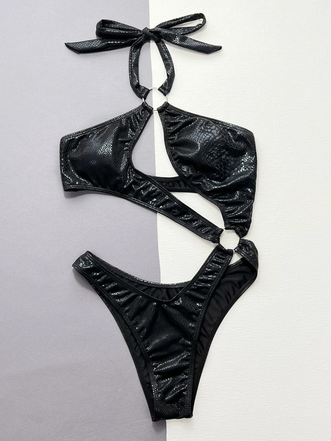 Maillot de bain une pièce noir imprimé serpent métallique, amissié, irrégulier, bikini, solide, tenues de plage