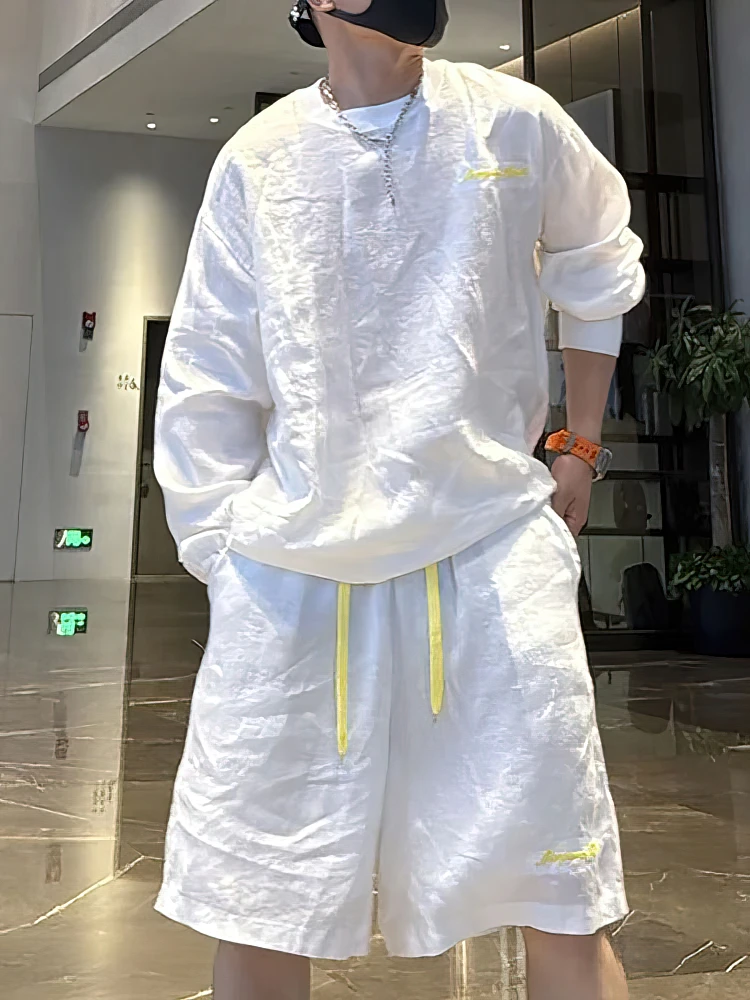 

Comfortable Casual Sport Cotton Linen 2 Piece Set Men Breathable Shorts Sweatsuit Loose Oversize T Shirt Sets Sports Suits