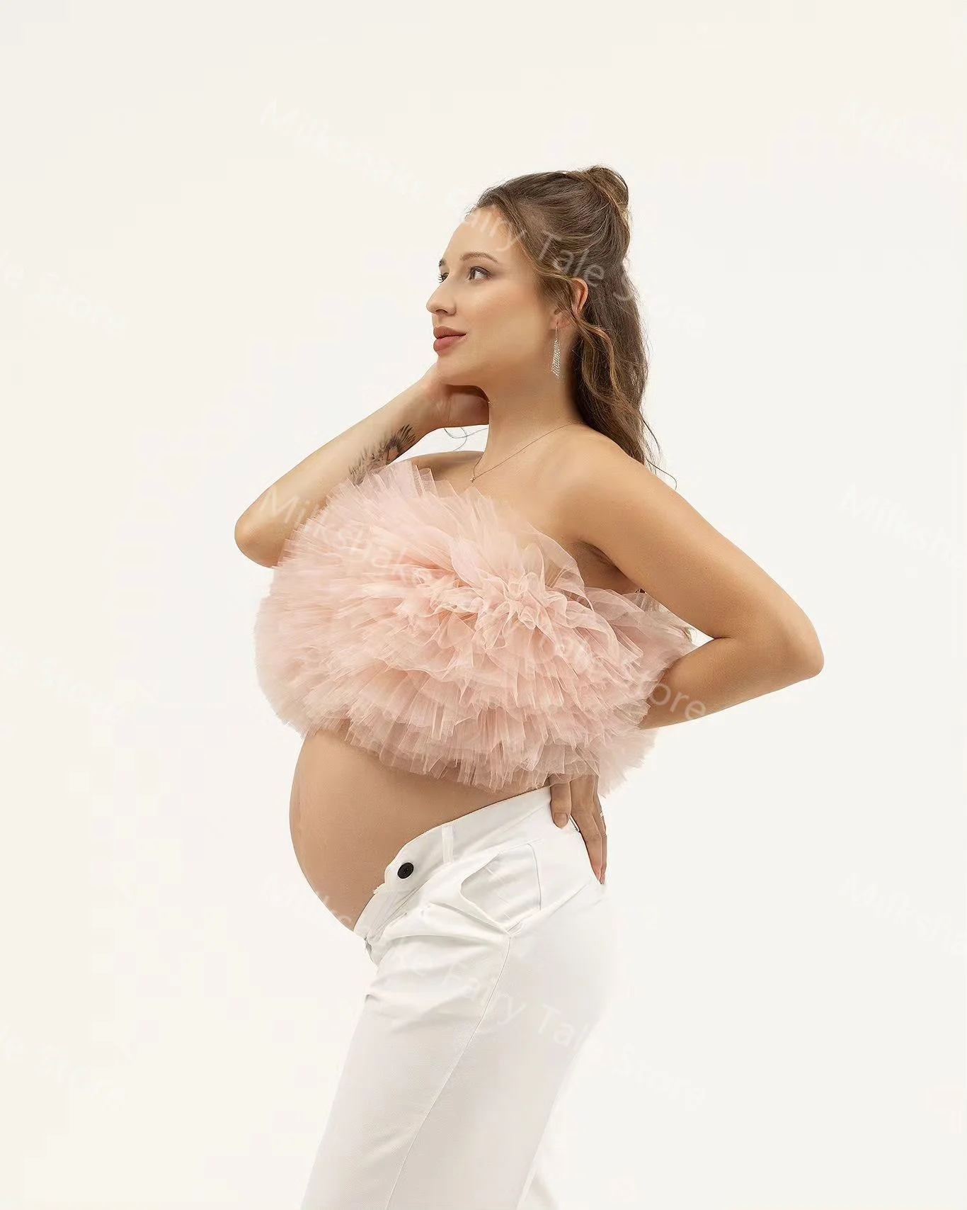 Charming Pink Maternity Robes for Photography Tiered Ruffles Women Pregnancy Tops Sexy Puffy Sleeveless Dresses