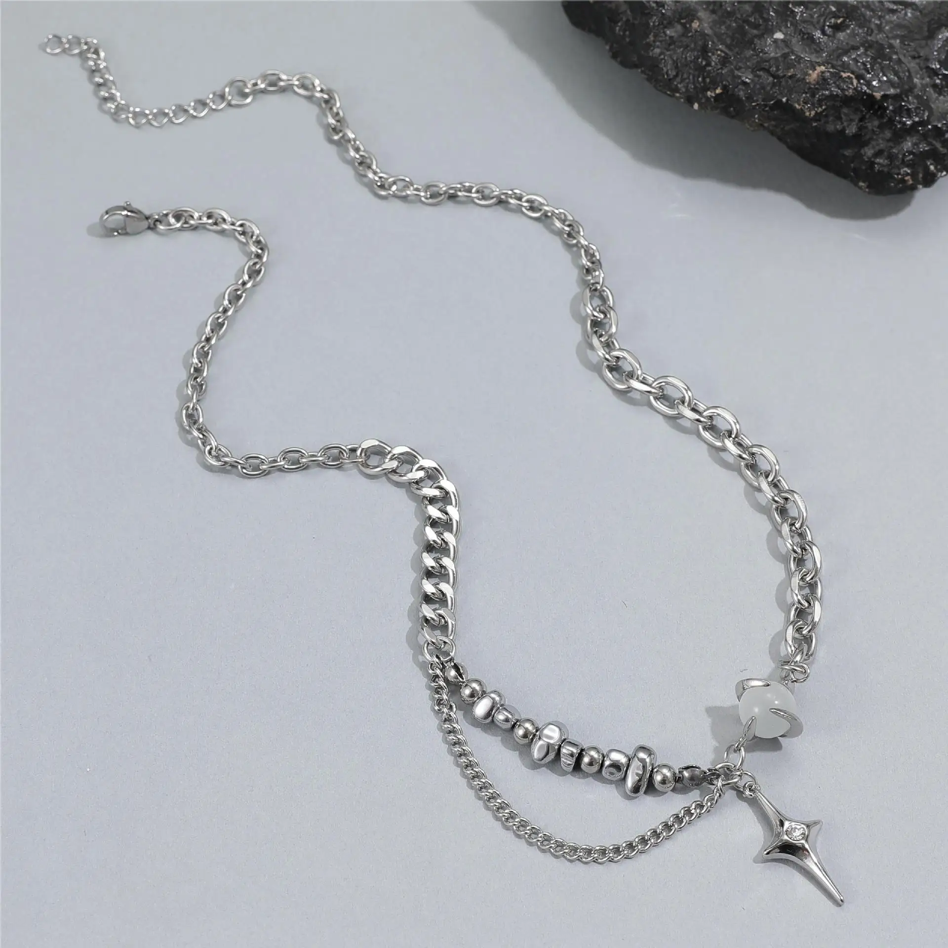 

Titanium Steel Asymmetrical Star Pendant Necklace for Women Silver Layered Chain Collarbone Jewelry