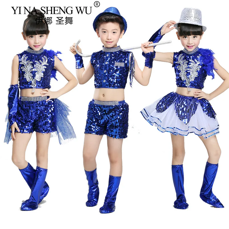 Kids Jazz Dance Costume Boys and Girls Blue Sequin Crop Top Suit Hip Hop Jazz Dance Performance Shirt Skirt Street Dance Wear
