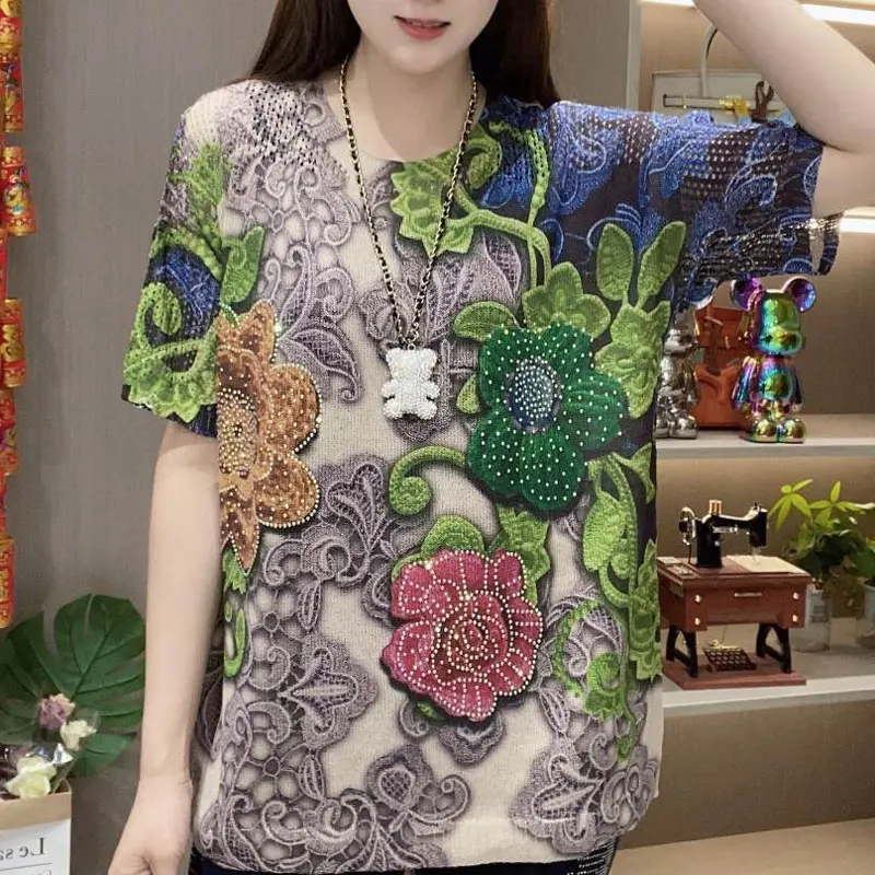 Casual Loose Vintage Floral Printed Pullovers Fashion Diamonds Female Clothing Hollow Out Summer Short Sleeve Knitted T-shirt