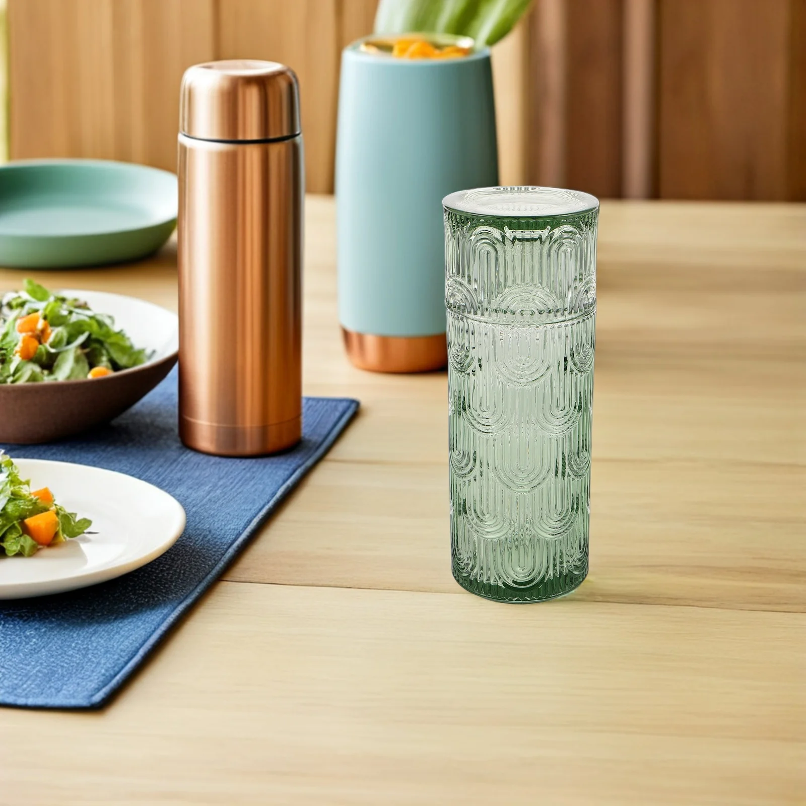 

Glass Embossed Water Carafe Set Bedside Nightstand Tumbler Cup Decorative Juice Pitcher Cold Beverage Glass Juice Carafe