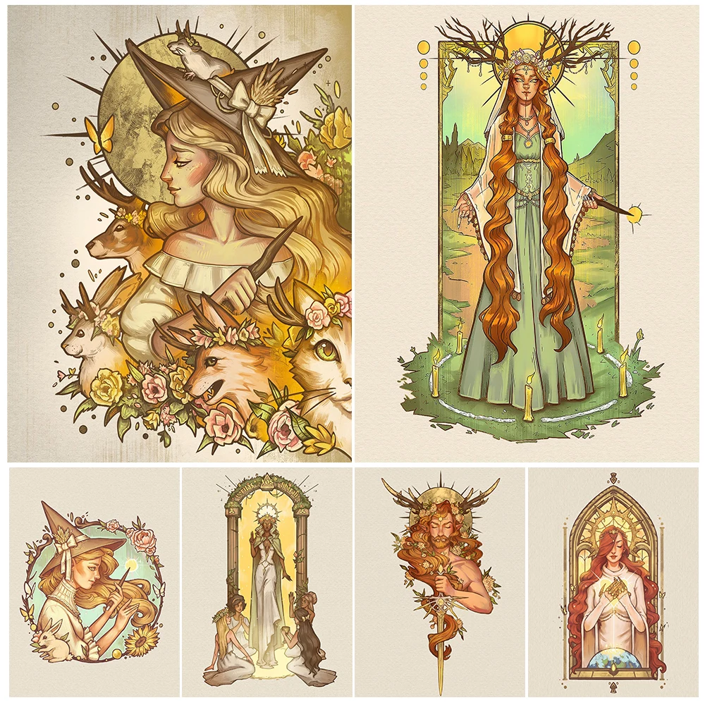 

Nature Witch And Animals,Vintage Wall Art Canvas Painting Elf Lady Fantasy Artwork Poster And Print For Living Room Decoration