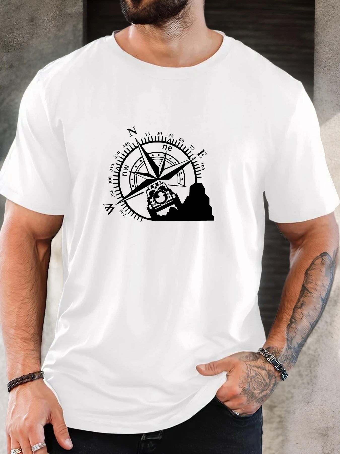 Male Black Round Neck T Shirt White Direction Compass With Offroad Jeep Mountain Silhouette Adventure Travel Light Cotton Tees