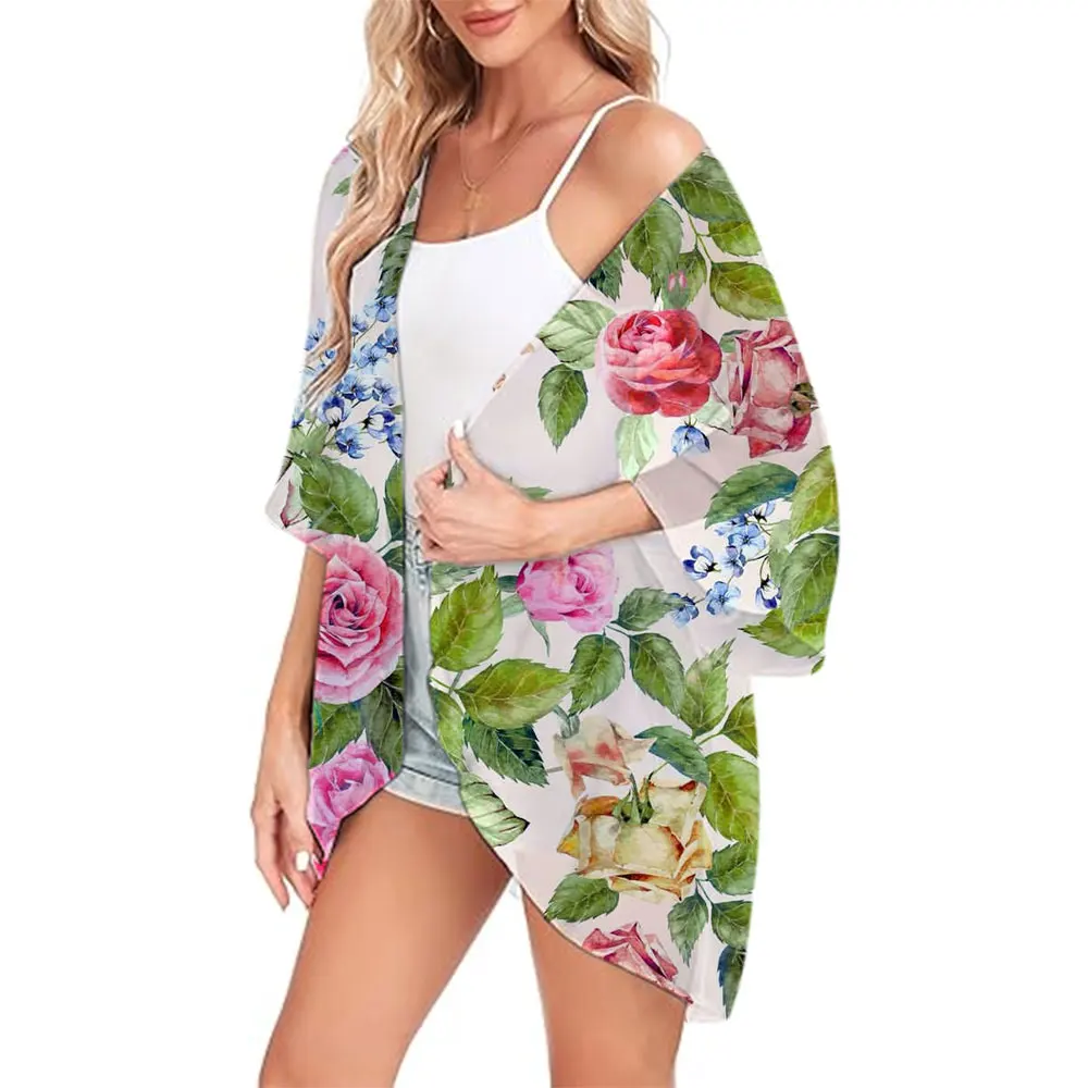 Floral Printed Kimono Women's Chiffon Cover-ups 2024 Summer Sexy Beach Loose Swimwear Lightweight Open Front Shirt For Ladies