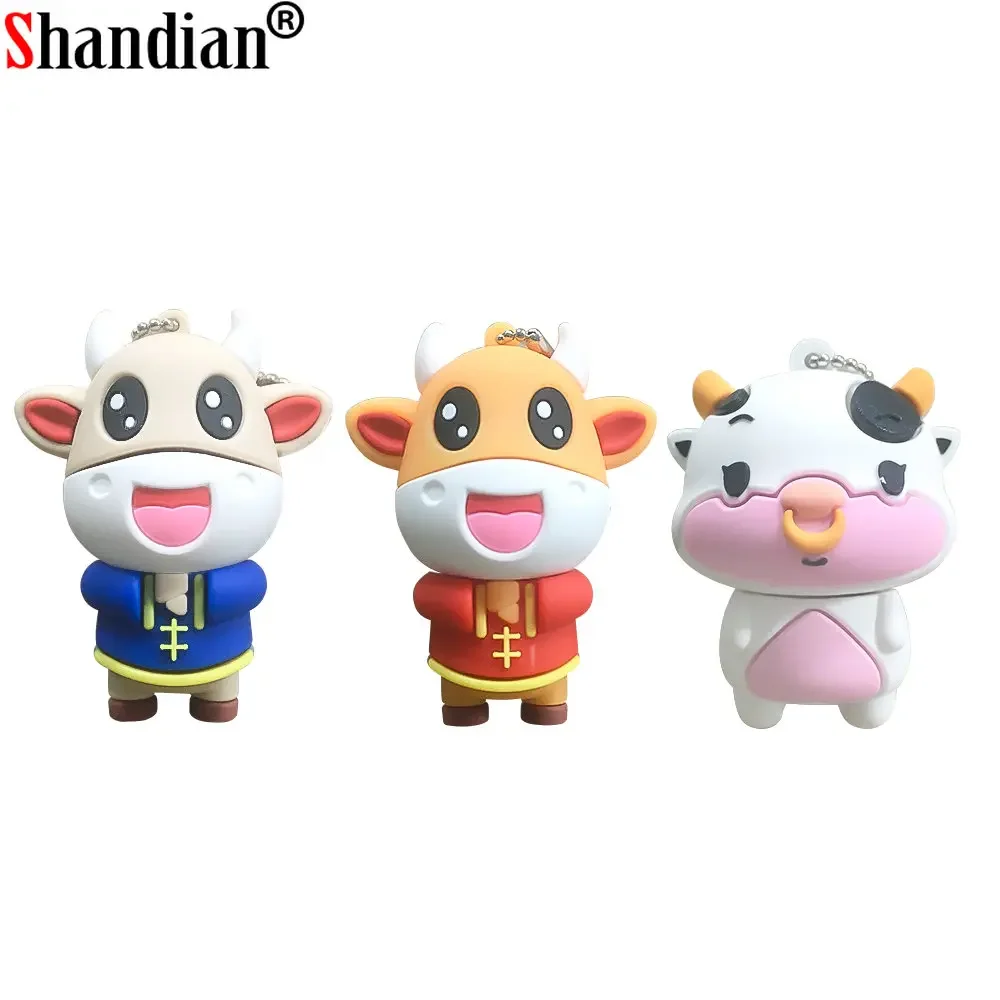 SHANDIAN Cute Cows USB Flash Drives 64GB Cartoon Bull Memory Stick 32GB Creative Gifts for Kids Pen Drive Free Key Usb Stick