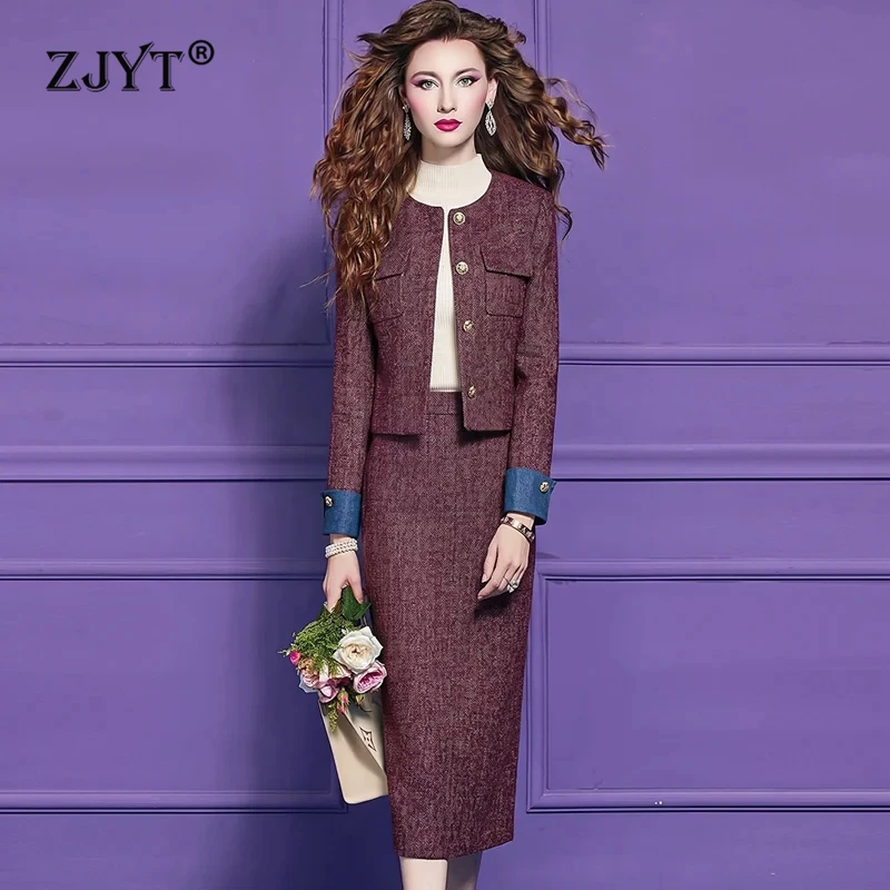 ZJYT Autumn Winter Vintage Jacket Suit with Skirt 2 Piece Matching Sets for Women Fashion Outfit Female Dress Suits Casual Work