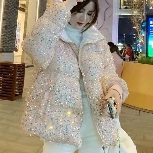 Sequined Down Cotton Jacket 2025 New Short Cotton Padded Jacket Winter Warm Thicken Short Bread Coat Korean Loose Parkas Coat
