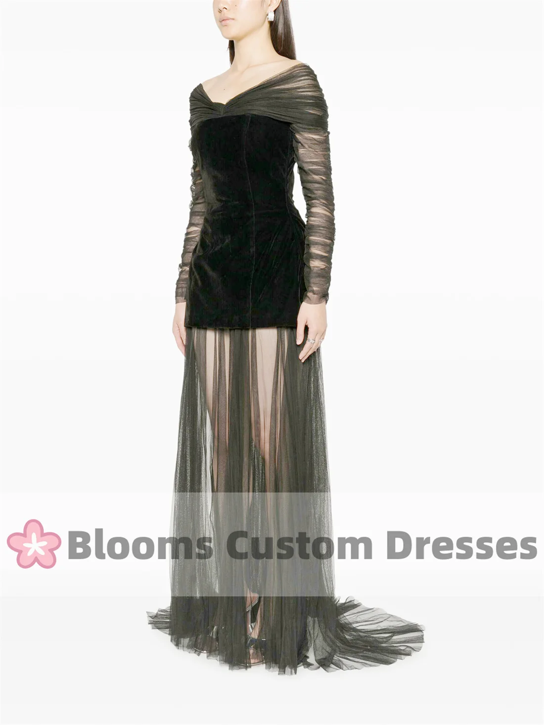 Blooms V-neck Sexy Black Customized Prom Dress Tulle Pleated Long Sleeves 2 Piece Velvet Formal See Through Evening Dresses