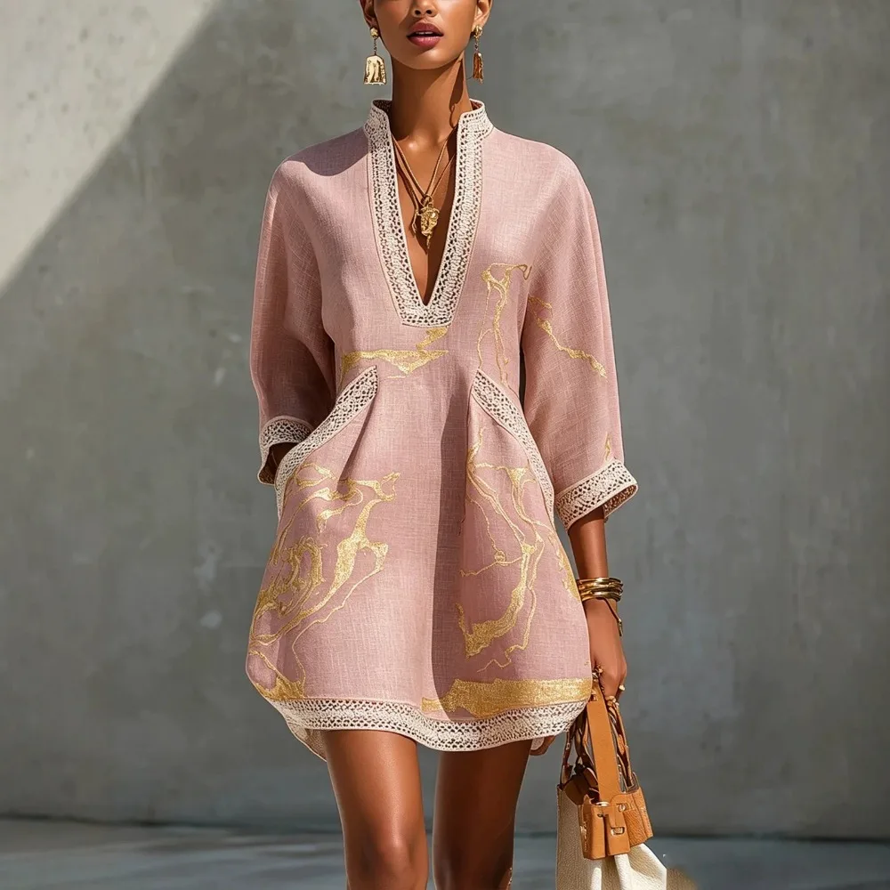 Women's 3/4‑Sleeve Mini Dress Stand Collar Deep‑V Neck Lace Trim Gold Abstract Print Loose Fit Vacation Casual Short Dress