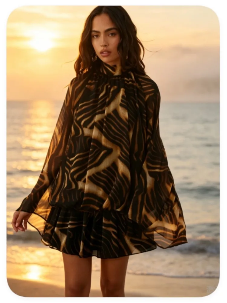 Damen-Chiffon-Minikleid mit Print, Stehkragen, langen ausgestellten Ärmeln, lockerem Schnitt, Rüschensaum, Partykleid, modisch, elegant, Freizeitkleid, Robe