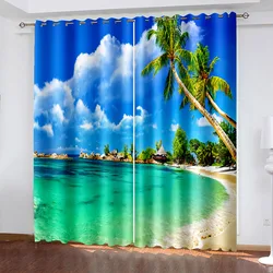 3D Polyester Window Curtains, 3D Nature Landscape, Blue Sand, Beach, Sea Palm Leaves, Shading, Bedroom, Living Room