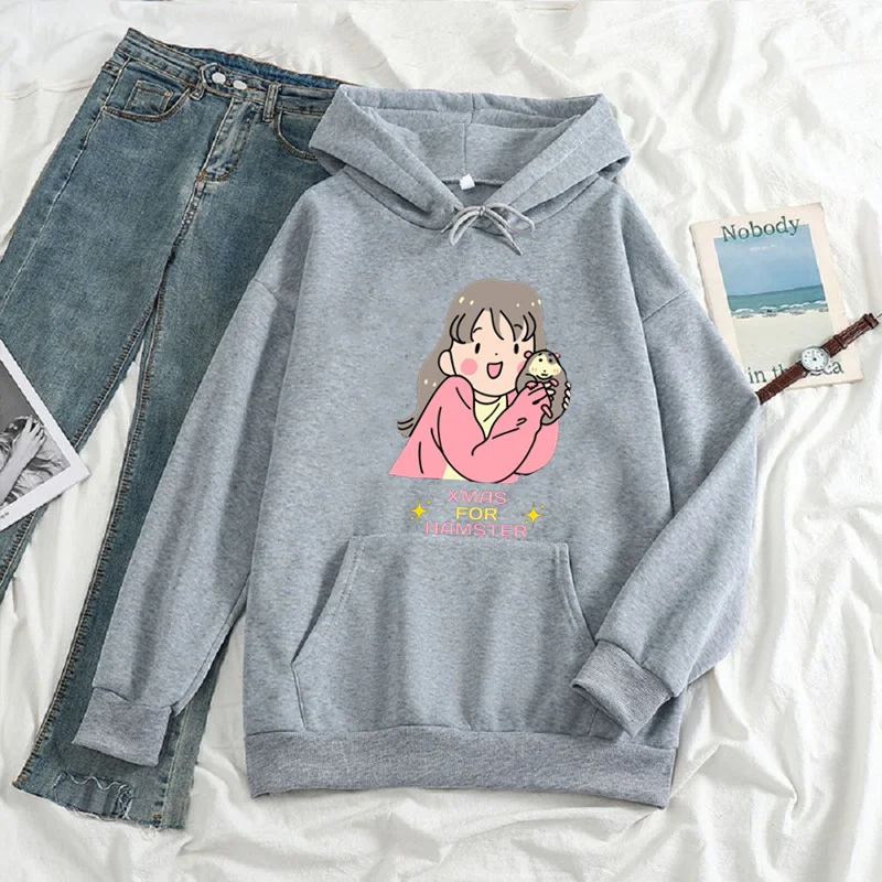 Japanese Cartoon Hamster Hoodies for Women Fashion Cute Sweatshirt Anime Comfortable Clothes Graphic Printing Long Sleeve Hoody