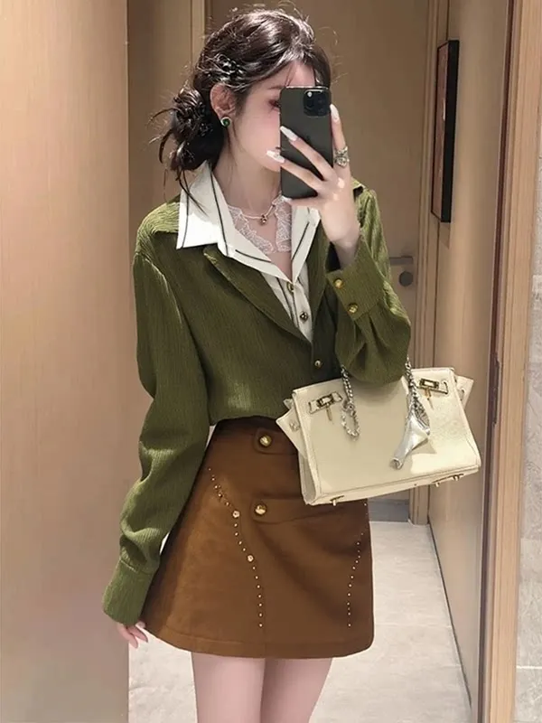 

Ele Korean Sle Two-Piece Set Women's High Waist Skirt And irt Long Sve Casual Spring Faion Slimming Ensemble
