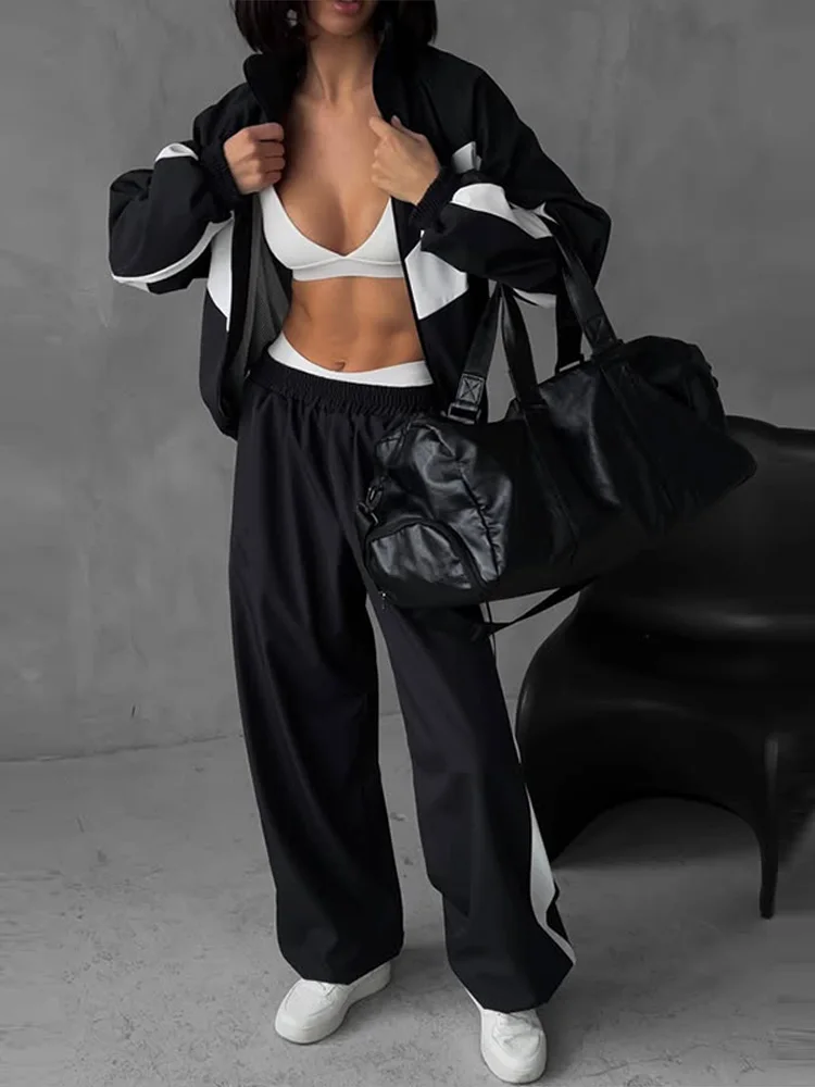 Getäfeltes, langärmliges, übergroßes Oberteil, Hosen-Sets für Damen, Streetwear, Laternenärmel, Reißverschluss, lockerer Mantel, Hose mit weitem Bein, modische Sportbekleidung – Detail 10