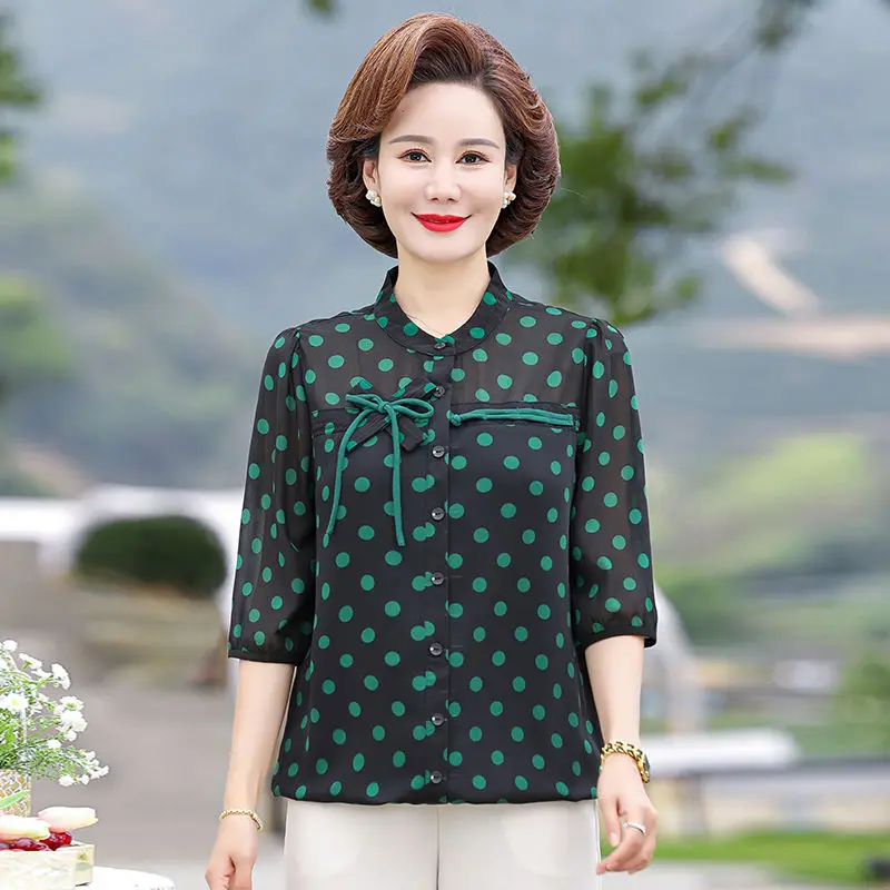 Элегантная летняя одежда для мам, шифоновая блузка с длинным рукавом, свободный модный женский топ среднего возраста