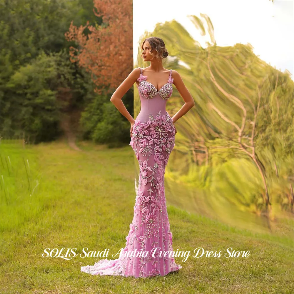 

SOLIS Pink Prom Dresses Spaghetti Strap Evening Dresses with Crystal Party Dress with 3D Floral Tulle Robe De Soirée Customized