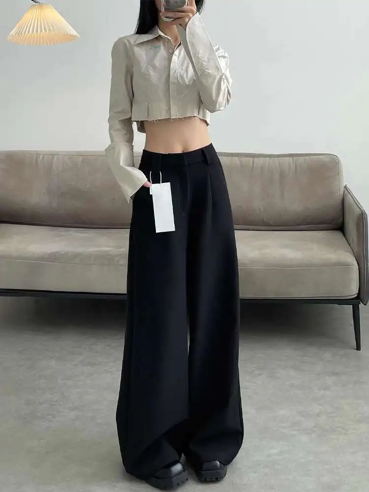 

Black Wide Leg Suit Pants For Women Summer Slim Fit Chubby Girl Mm Pear Shaped Figure High Waist Loose Casual Pants