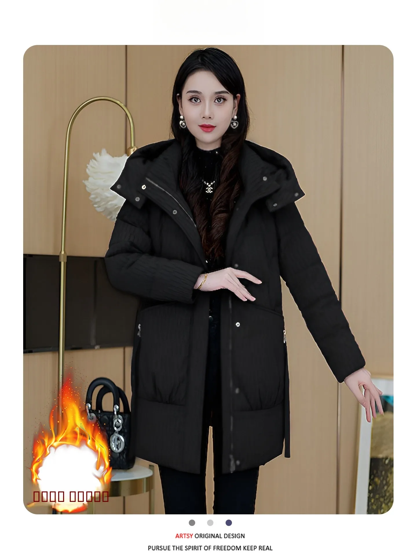

Faionable Thiened down Cotton Jaet Women's Mid-Length Quilted Warm Coat Korean Sle Commute Loose Fit Button Zipper
