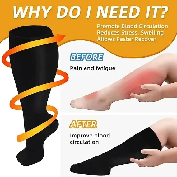Plus Size 2XL-4XL Compression Socks for Women Men 20-30 mmHg Wide Calf Extra Large Knee High Flight Sock for Circulation Support