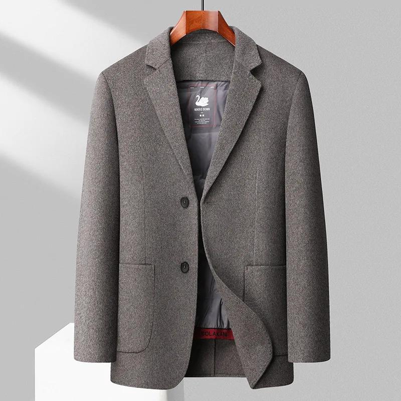 

England Style Men Sheep Wool Coat Gray Camel Black Navy Overcoat With Detachable Down Lining Back Slit Design Outfits Elegant