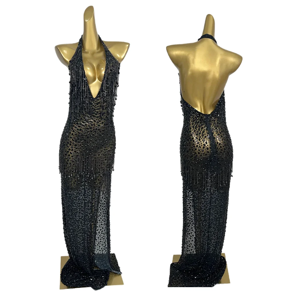 Luksusowa Sukienka Maxi z Frędzlami i Diamentami na Urodziny, Imprezę, Bal, Studniówkę, Damska Sukienka Wieczorowa do Klubu, Bez Pleców, Długa do Podłogi, Bankietowa