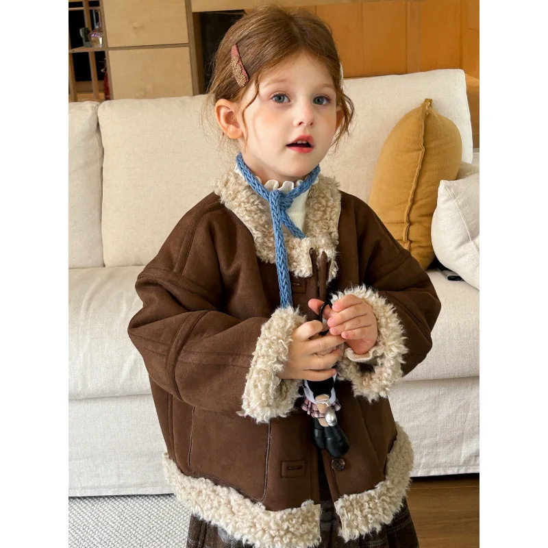 

Пальто из замши, короткая утолщенная двусторонняя зимняя новинка для девочек, детская модная удобная мягкая универсальная куртка