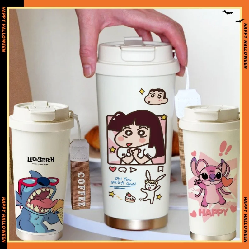 600ML Cartoon Crayon Shin Chan Stitch Thermos Cup Kawaii Large Capacity Portable Straw Cup Student Coffee Milk Cup Water Cup