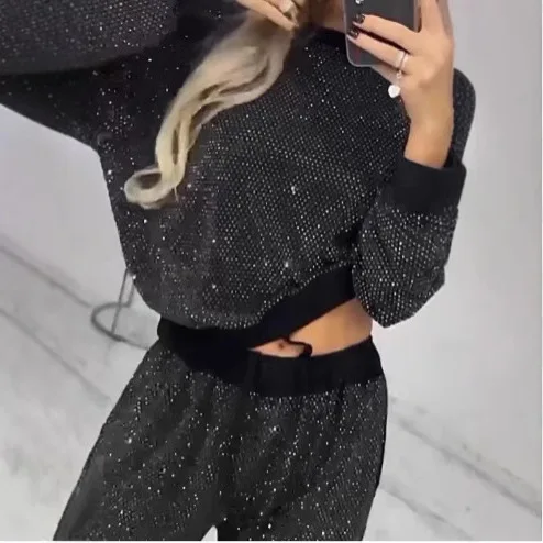 Spring Autumn Fashion Sequin Suit For Women 2025 Elegant O Neck Pullover Tops Lace Up Long Pant 2 Piece Set Lady Sports Suit