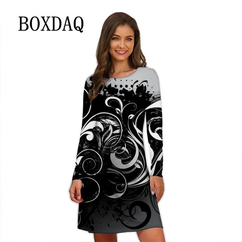 2022 Vintage Splash Ink Women Dress Long Sleeve Print Loose Clothing Oversized Ladies Autumn Casual O-Neck Mini Dress Vestidos