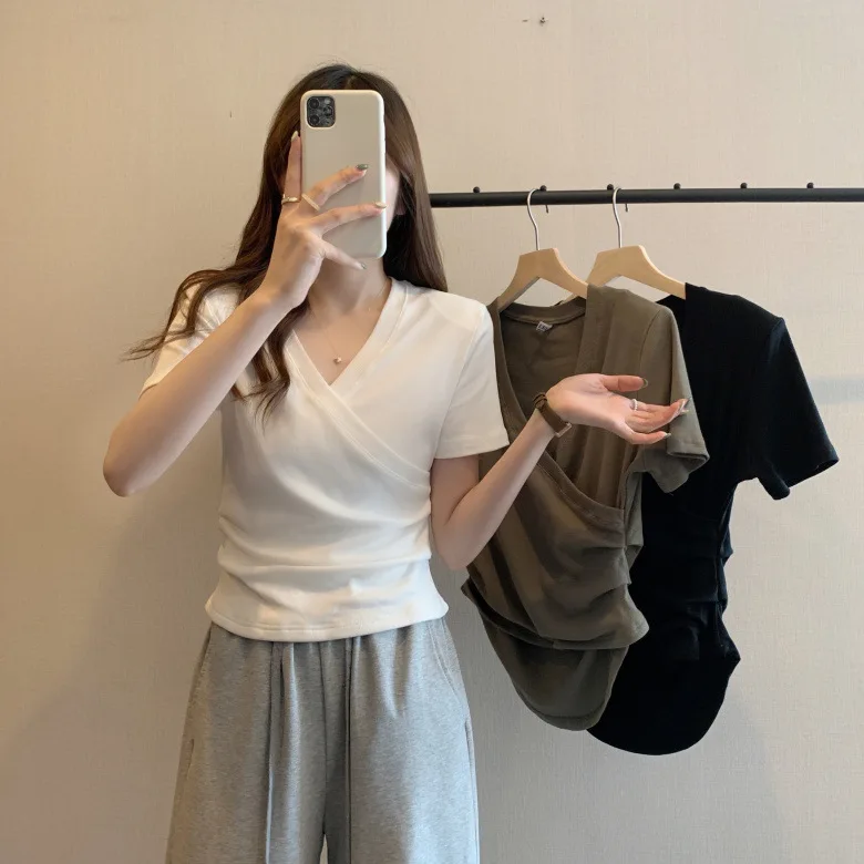 plus Size Loose Short Sleeve V-Neck T-Shirt Women's Summer Design Cross Korean Style Hot Girl Top Casual Fashion Basic Fit