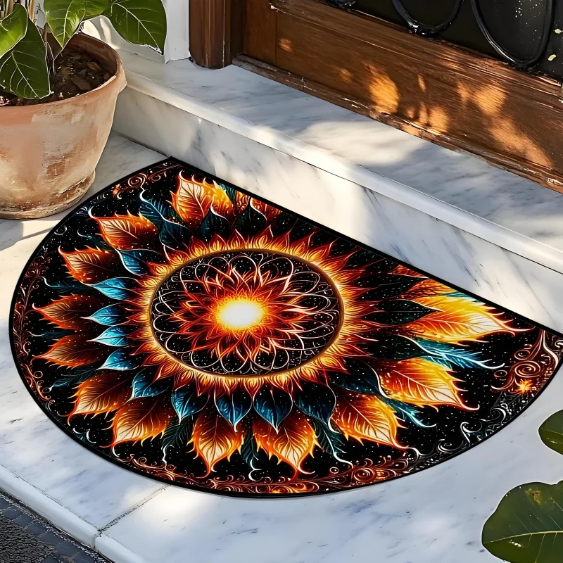 Geometric Patchwork Semicircular Door Mat Vintage Half Round Non-Slip Welcome Floor Rug for Home Entrance Porch Decor