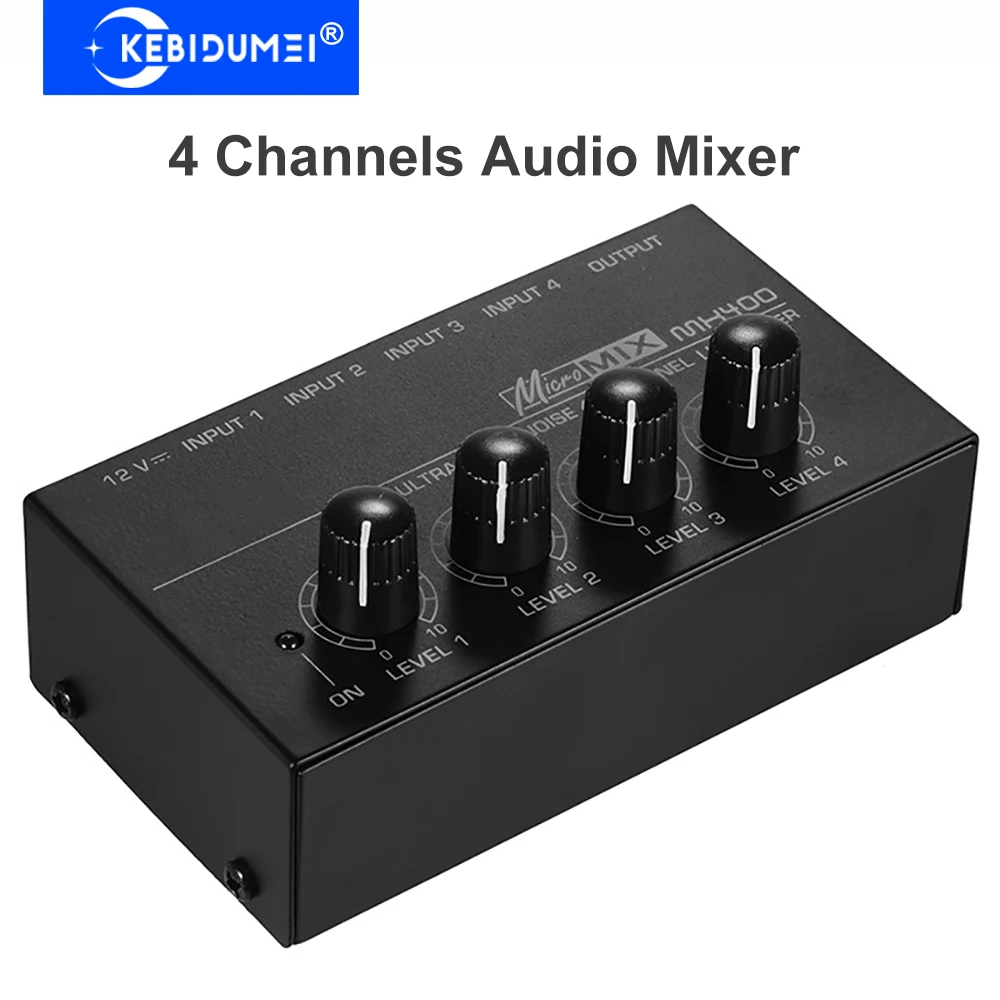 4 Channel Mini Sound Mixer Line Mixer DC 12V Easy Operation Audio Mixer Ultra Low Noise 4 Input 1 Output with Power Adapter